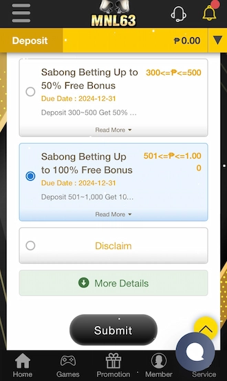 Step 3: Choose a promotion that MNL63 offers you and click Submit.