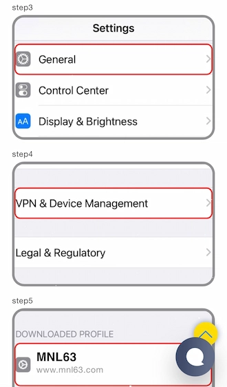 Step 3: settings > VPN and device management > select the MNL63 profile.